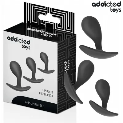 Verpackung eines Anal-Plug-Sets mit drei schwarzen Plugs von Addicted Toys.