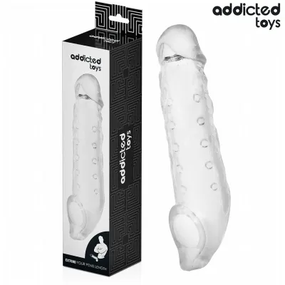 Packaging and transparent penis attachment from Addicted Toys for penis enlargement.