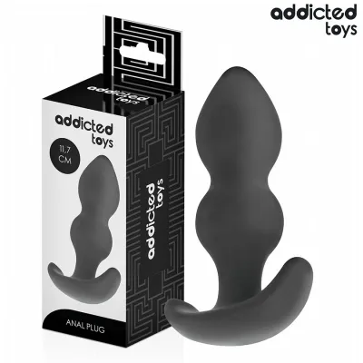 Schwarzer Analplug von Addicted Toys neben der Verpackung, 11,7 cm groß.