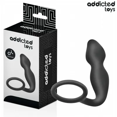 Black sex toy with a ring, next to a package labeled "addicted toys".