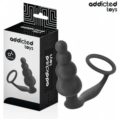 Schwarzes Sexspielzeug mit Ringgriff neben Verpackung von "addicted toys".
