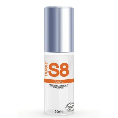 Flasche mit S8 Anal Gleitgel, wasserbasiert, 50 ml, silberner Deckel, orangefarbene Schrift.