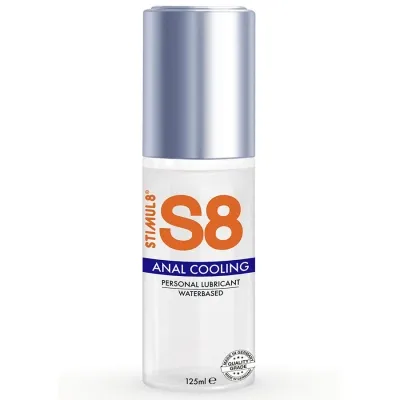 Bottle of S8 Anal Cooling lubricant, water-based, 125 ml, with silver cap and blue label.