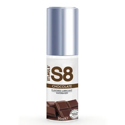 Flasche S8 Schokoladen-Gleitgel, 50 ml, mit silbernem Deckel und Schokoladenabbildung.