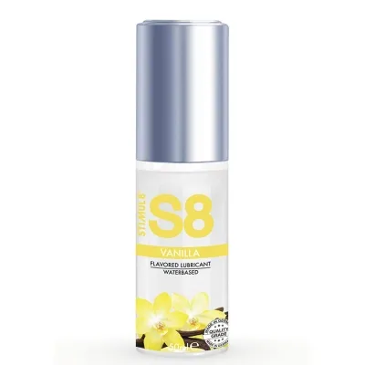 Bottle of S8 vanilla lubricant, water-based, 50 ml, with vanilla flowers on the label.