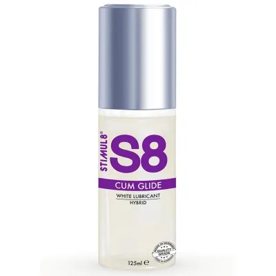 Flasche Gleitmittel "S8 Cum Glide" mit silbernem Deckel, 125 ml, weißes Hybrid-Lubrikant.