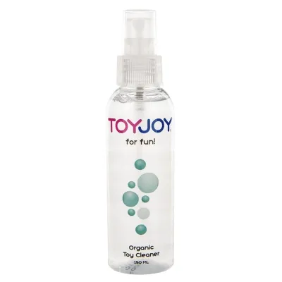 Spray bottle with the inscription "TOYJOY for fun! Organic Toy Cleaner 150 ML" and blue bubbles on the label.