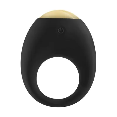 Black silicone ring with a yellow dome and on/off switch, presumably a massage device or vibrator.