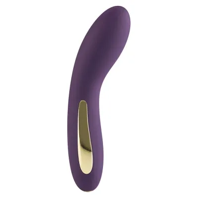 Lila Vibrator mit geschwungener Form und goldenen Akzenten, freigestellt auf weißem Hintergrund.