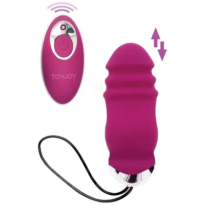 Pink vibrator with remote control, wave-shaped design, black cable, up and down arrows, brand name visible.