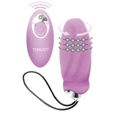 Pink vibrator with remote control, brand name "ToyJoy", shows arrows for rotation movement and vibration.