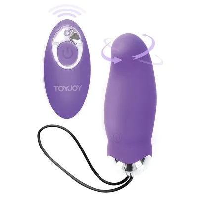 Purple vibrator with remote control, shows rotating movements and wireless control.