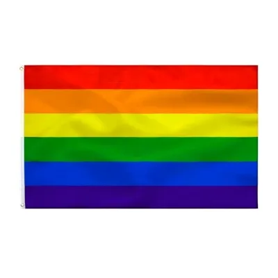 Rainbow flag with six horizontal stripes: red, orange, yellow, green, blue and violet.
