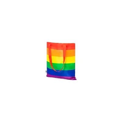 Bunte Tasche mit Regenbogenstreifen auf weißem Hintergrund.