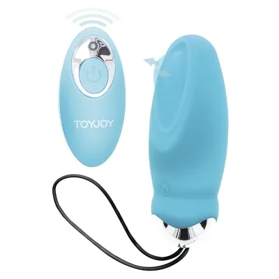 Blue vibrator with remote control, both with a smooth surface and silver accents.