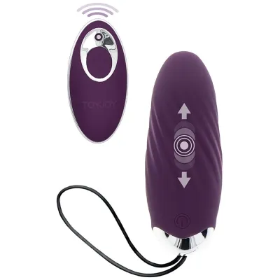 Purple vibrator with remote control, arrows and circles for function indication, black cable.