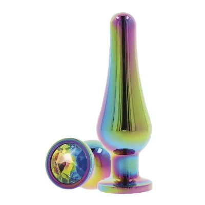 Metallischer Plug in Regenbogenfarben mit glitzerndem Schmuckstein an der Basis.