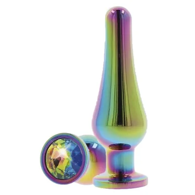 Metallic, rainbow-colored plug with a sparkling gemstone at the base.