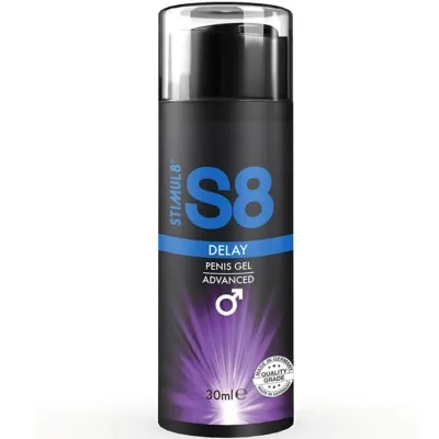 Schwarze Flasche mit S8 Delay Penis Gel, 30 ml, lila und blauer Akzent, Qualitätssiegel unten rechts.