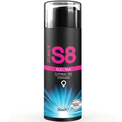 Schwarze Flasche mit pinkem S8-Logo, "Electra Clitoral Gel Cooling", 30 ml, Qualitätsstempel "Made in Germany".