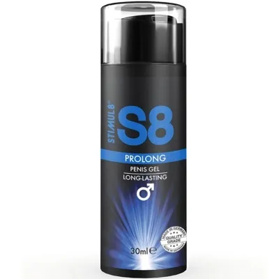 Black bottle of S8 Prolong Penis Gel, 30 ml, with blue and white design, "Made in Germany" seal.