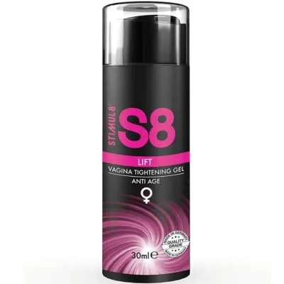 Schwarze Flasche mit pinkem Text "S8 Lift Vagina Tightening Gel Anti Age", 30 ml, Qualitätssiegel unten rechts.
