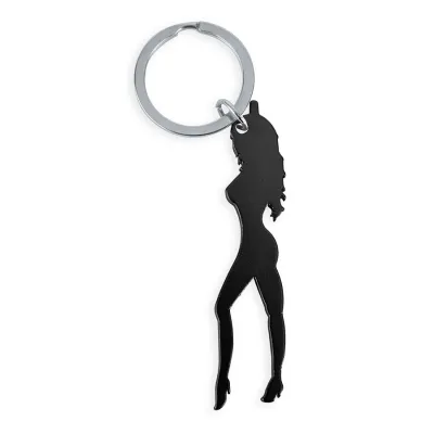Black key ring in the shape of a stylized female silhouette with long hair and high heels.