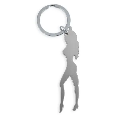 Keyring in the shape of a stylized female silhouette made of metal.