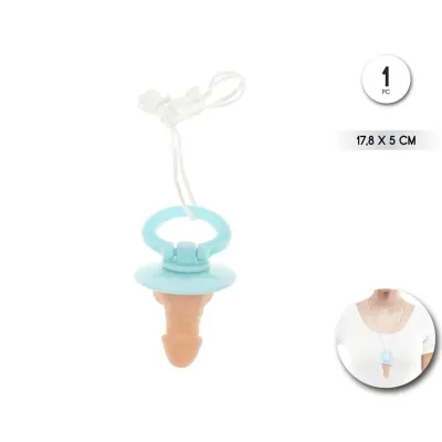 Blue pacifier with cord, 17.8 x 5 cm, worn around a person's neck.