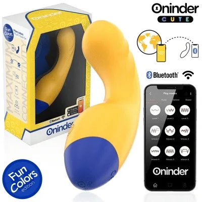 Gelb-blauer Vibrator mit Bluetooth, Verpackung und Smartphone-App mit verschiedenen Vibrationsmodi.