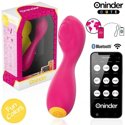 Pink Bluetooth vibrator toy with packaging and smartphone app for controlling different modes.
