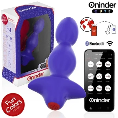Purple Bluetooth vibrator with packaging and smartphone app for control, "Fun Colors Edition" by Oninder.