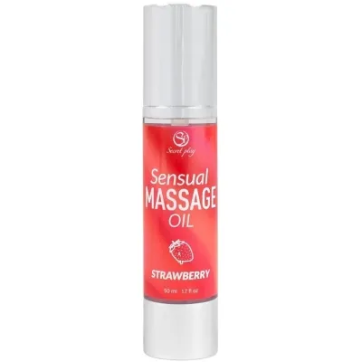 Red bottle labeled "Sensual Massage Oil Strawberry", 50 ml.