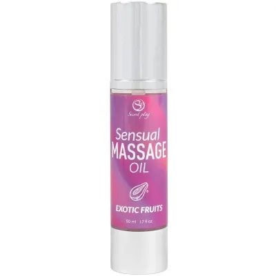 Flasche mit "Sensual Massage Oil" und "Exotic Fruits" Aufschrift, 50 ml.