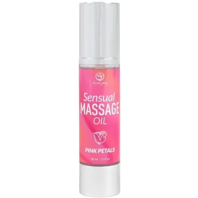 Bottle with a pink label that reads "Sensual Massage Oil, Pink Petals, 50 ml".