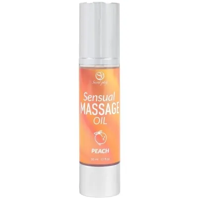 Bottle of sensual massage oil, peach scent, 50 ml, orange label.
