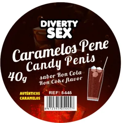 Runde Verpackung von "Diverty Sex" mit "Caramelos Pene" und Rum-Cola-Geschmack, 40g. Enthält Barcode und Referenznummer.
