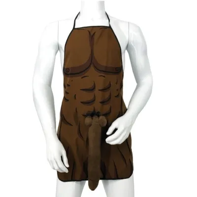 Apron with a muscular torso design and humorous detail on a white mannequin torso.