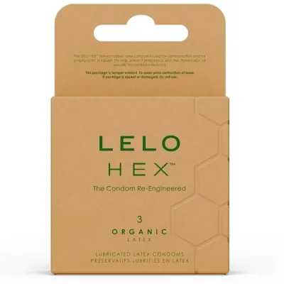 Packung LELO HEX Kondome, 3 Stück, organischer Latex, braune Verpackung mit grünem Text.
