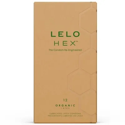 Braune Verpackung von LELO HEX Kondomen, 12 Stück, aus organischem Latex, mit hexagonalem Muster.