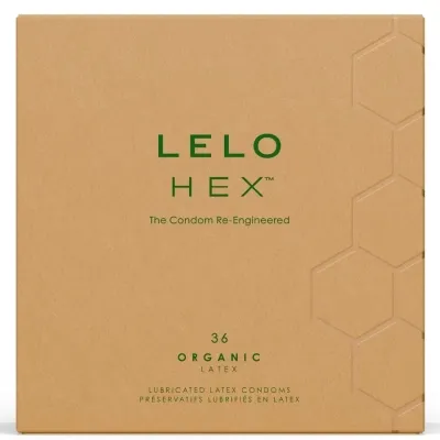 Brown packaging of LELO HEX condoms with green text and hexagonal pattern.