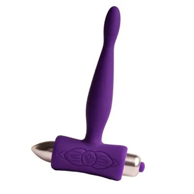 Lila Silikon-Vibrator mit schmalem Griff und silbernem Ende, auf weißem Hintergrund.