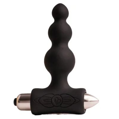 Black, spherical sex toy with a silver handle, on a white background.