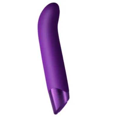 Purple vibrator with a curved tip, shown from the side.