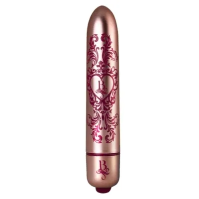 Roségoldener Vibrator mit rotem, dekorativem Muster und Herzdesign.