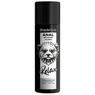 Black bottle with the inscription "BlackHole Anal Relaxing Jojoba", illustrated animal face, 30 ml.