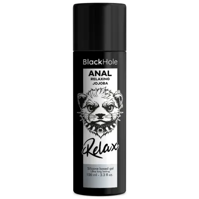Schwarze Flasche mit Aufschrift "BlackHole Anal Relaxing Jojoba", Illustration eines Tieres, 100 ml.
