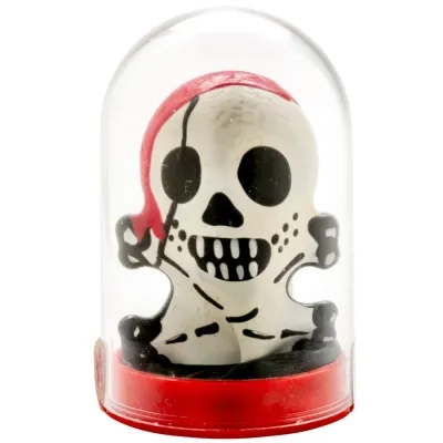 Toy skeleton with a red headscarf in a transparent dome on a red base.