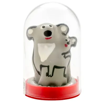 Grey koala figurine with baby in a transparent dome on a red base.