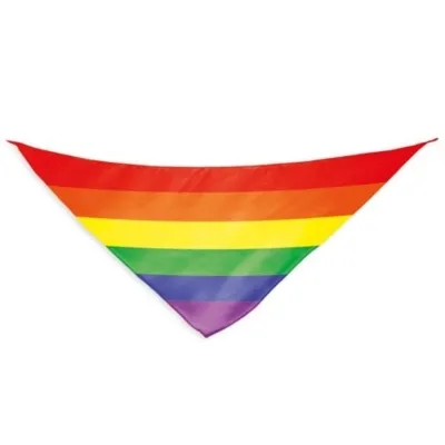 Dreieckiges Tuch mit Regenbogenstreifen in Rot, Orange, Gelb, Grün, Blau und Lila.